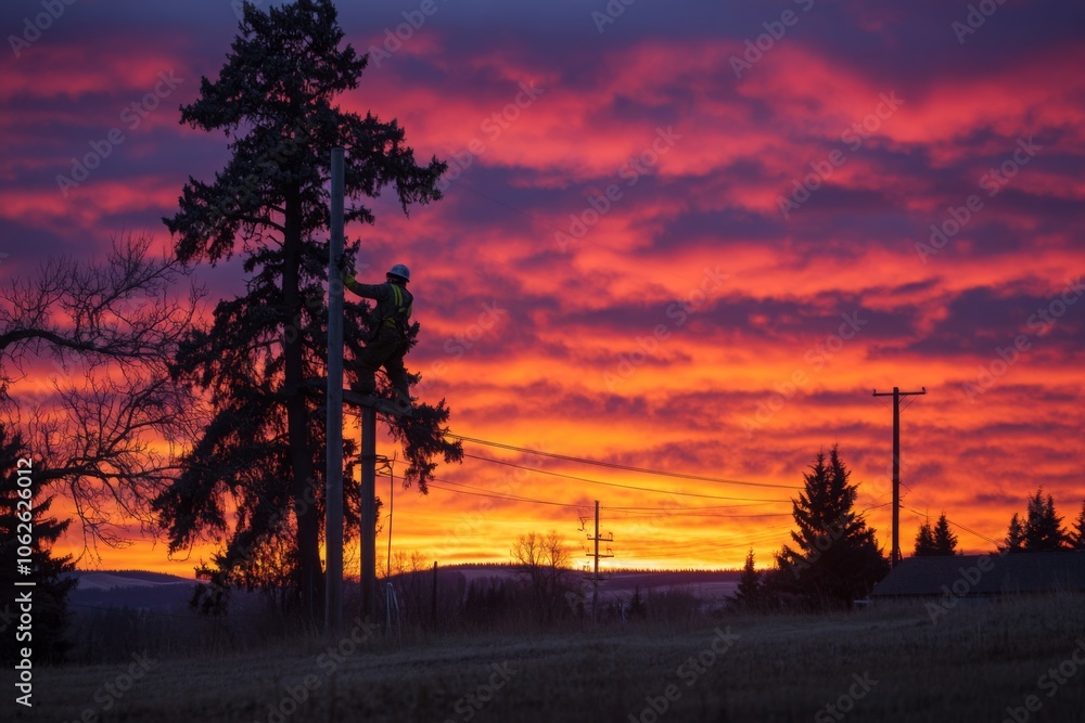 Worker in Safety Gear Repairing Electrical Lines at Sunset