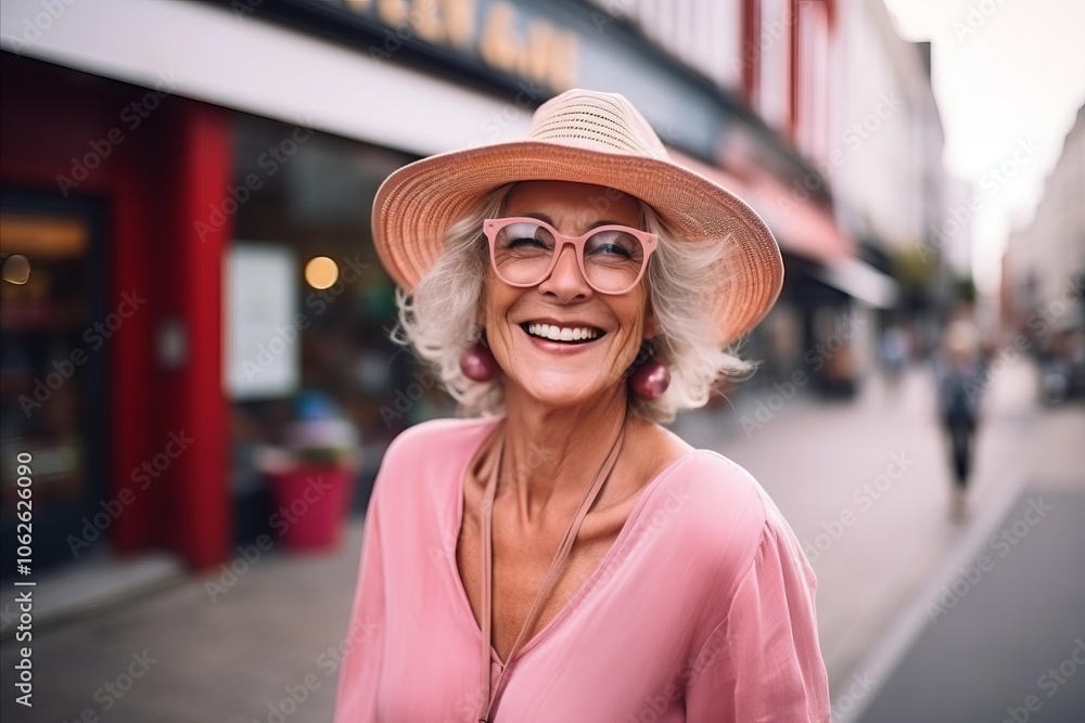 Portrait of happy senior woman in hat and glasses walking on street Portrait of happy senior woman in hat and glasses walking on street