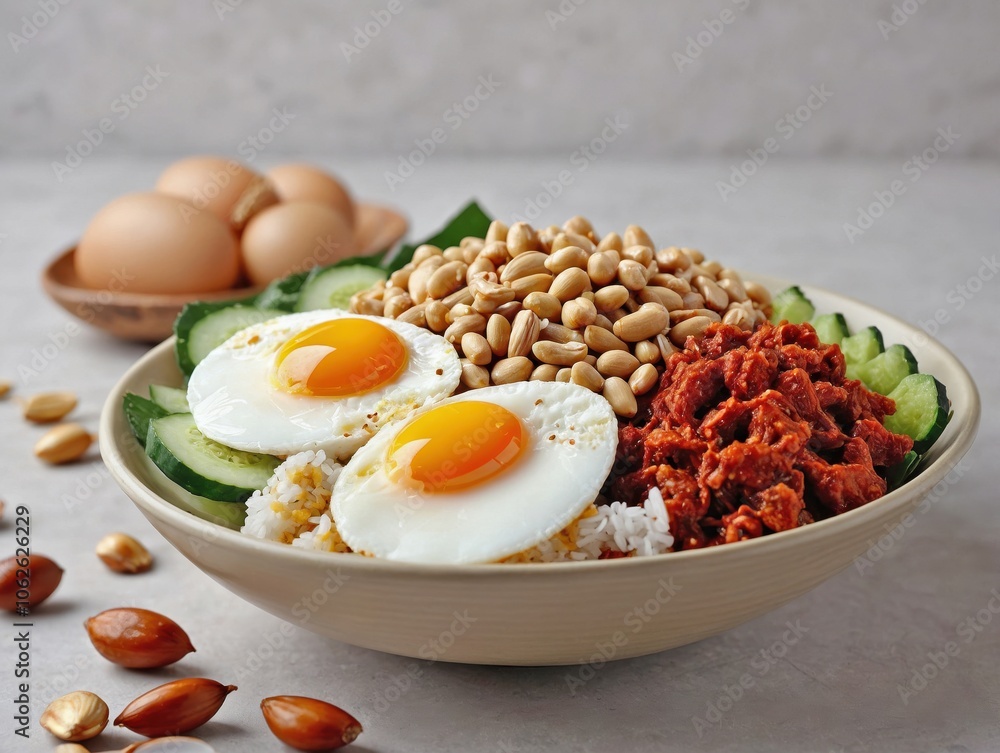 A neatly plated Nasi Lemak in the center, featuring coconut rice, sambal, boiled egg halves, fried anchovies, cucumber slices, and peanuts. A neatly plated Nasi Lemak in the center, featuring coconut rice, sambal, boiled egg halves, fried anchovies, cucumber slices, and peanuts.