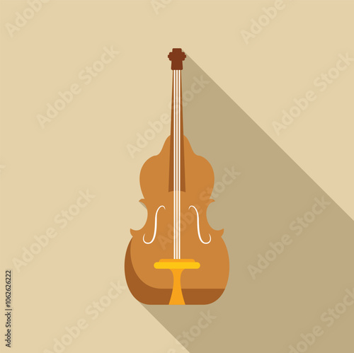 Wooden double bass with long neck and f holes, casting a long shadow on a beige background, representing music, classical instruments, and acoustic sound