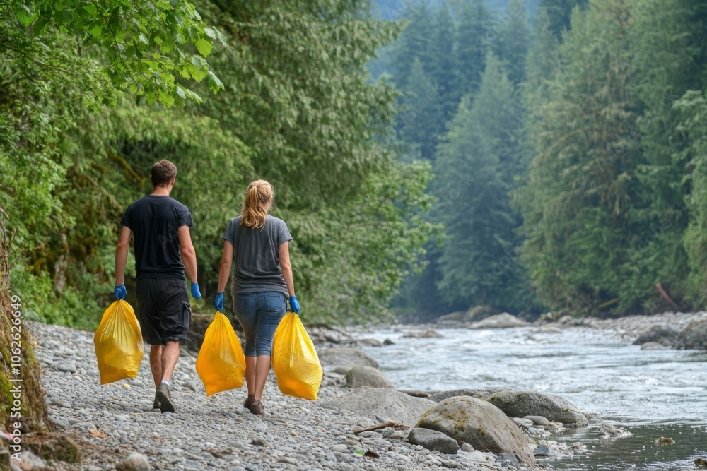 Individuals Cleaning Up by the Riverbank