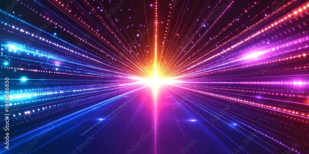 Abstract vibrant background with radiant neon light beams converging to a bright focal point, creating a futuristic, energetic scene in shades of blue, purple, and pink. Abstract vibrant background with radiant neon light beams converging to a bright focal point, creating a futuristic, energetic scene in shades of blue, purple, and pink.