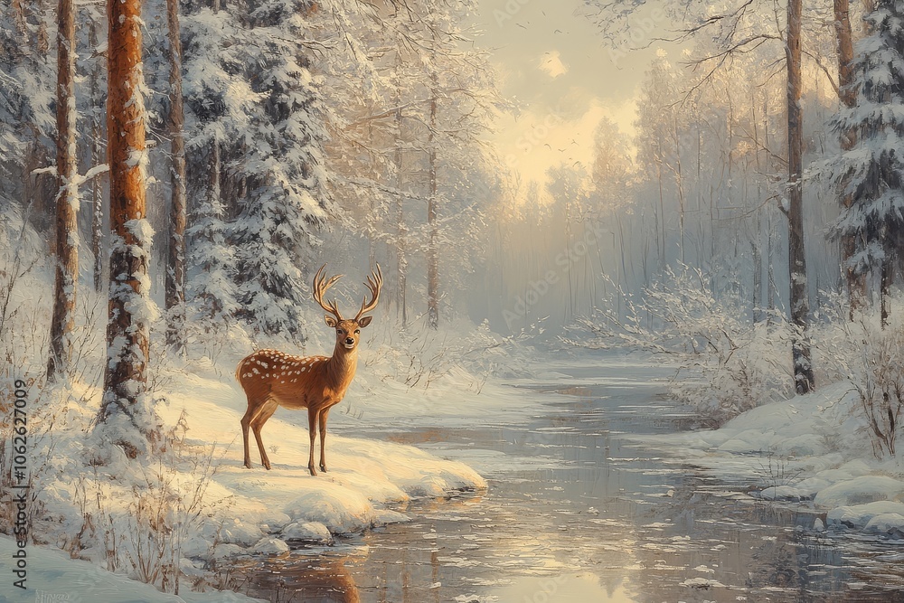 Realistic winter forest scene featuring an ice-covered river, snow-capped trees, and a deer with raised head amidst a serene atmosphere. Realistic winter forest scene featuring an ice-covered river, snow-capped trees, and a deer with raised head amidst a serene atmosphere.