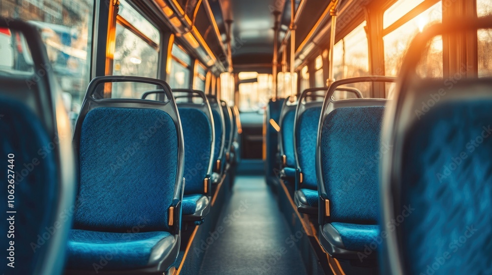 The inside of a public bus with blue seats, showcasing the spacious seating arrangement and clean, bright atmosphere, captured from the back. The inside of a public bus with blue seats, showcasing the spacious seating arrangement and clean, bright atmosphere, captured from the back.