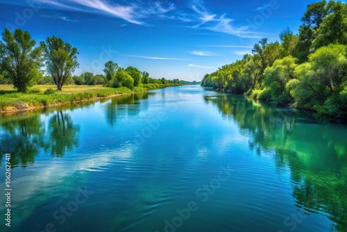 Wide-angle panorama of deserted Bug river with blue slow water and green trees on the horizon