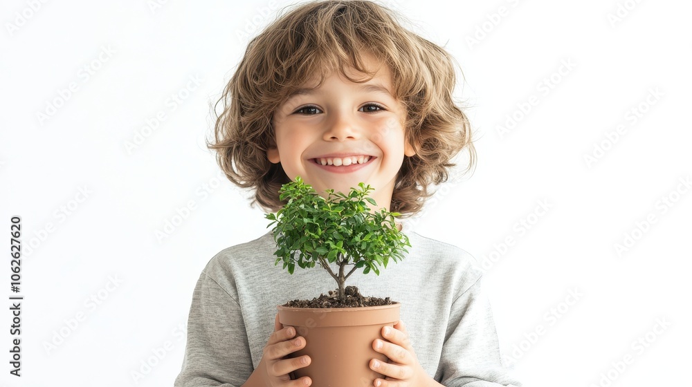 a happy child with a big smile holds a potted tree with both hands. isolated on white background a happy child with a big smile holds a potted tree with both hands. isolated on white background