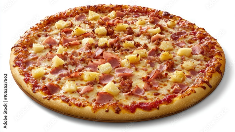 Thin-crust Hawaiian pizza topped with pineapple, ham, and melted mozzarella, perfect for fast food lovers Thin-crust Hawaiian pizza topped with pineapple, ham, and melted mozzarella, perfect for fast food lovers