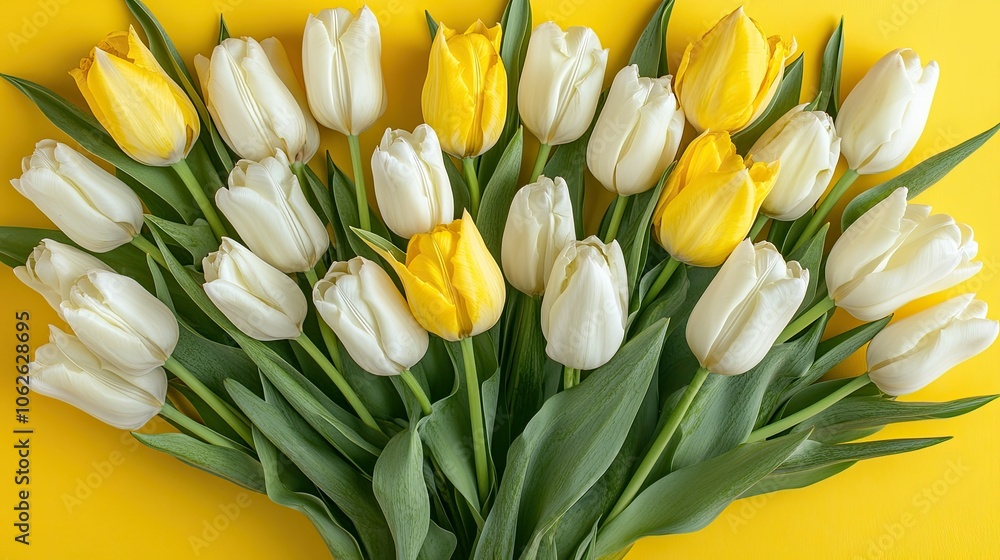 Top view of a beautiful bouquet of yellow and white tulips on a sunny yellow backdrop, with plenty of copy space. Top view of a beautiful bouquet of yellow and white tulips on a sunny yellow backdrop, with plenty of copy space.