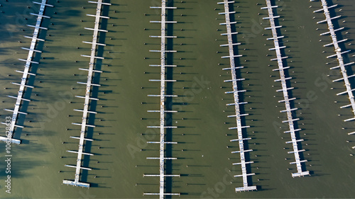 Autumn aerial photo of empty marina, docks at Allan H Treman State Marine Park, Ithaca, NY, USA. 11-03-2024	 photo