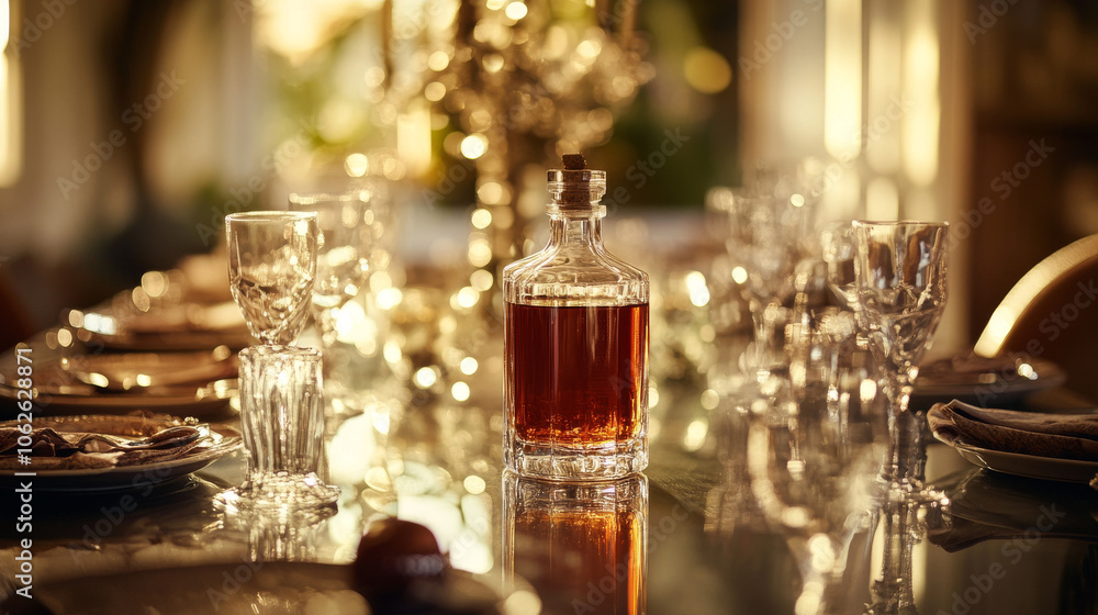 Luxury Amaro Infusion, Elegant Glassware, Table Setting, Warm Lighting, Festive Dinner Luxury Amaro Infusion, Elegant Glassware, Table Setting, Warm Lighting, Festive Dinner