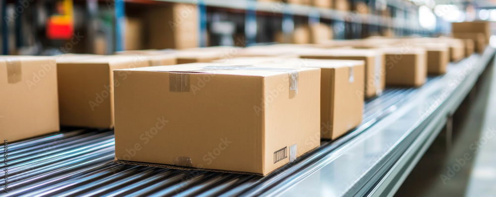 A conveyor belt with boxes on it. The boxes are brown and have a sticker on them A conveyor belt with boxes on it. The boxes are brown and have a sticker on them