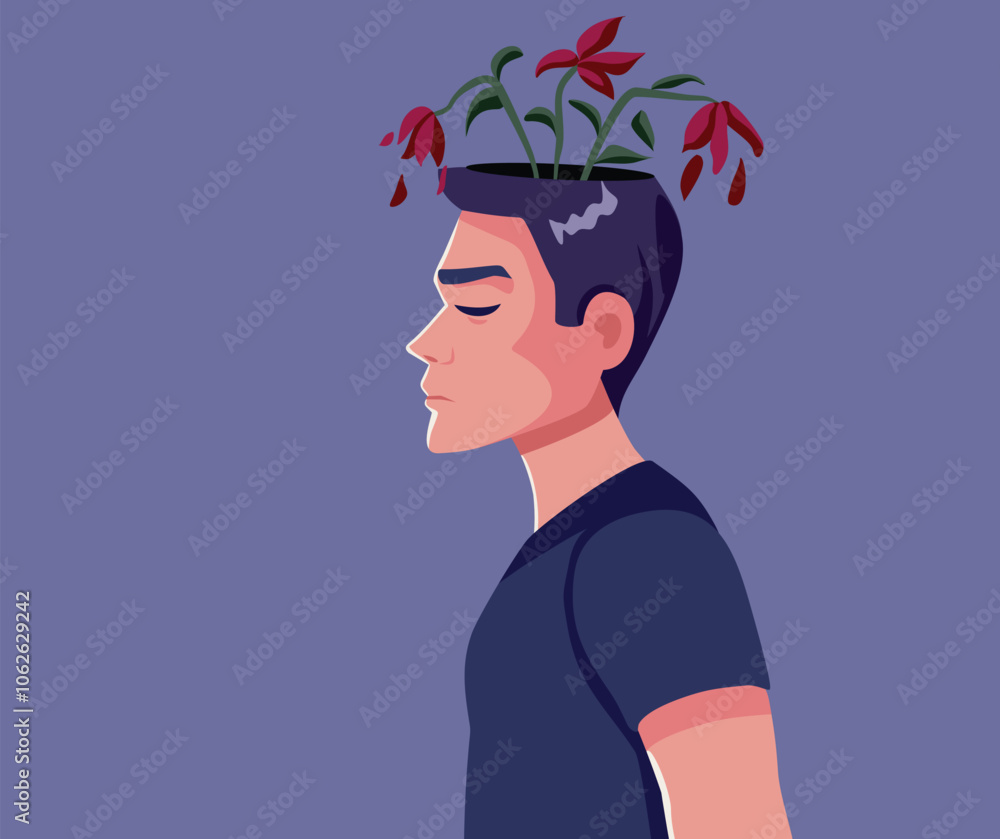 Fotografie Grieving Man Feeling Unhappy and Anxious Vector Illustration