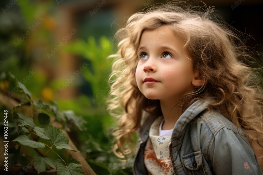 Portrait of a cute little girl with curly hair in the garden Portrait of a cute little girl with curly hair in the garden