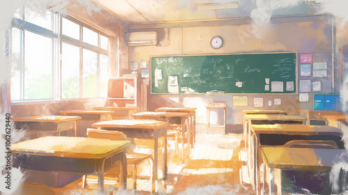 日本の学校教室｜温かな朝陽が差し込む静かな放課後の教室風景