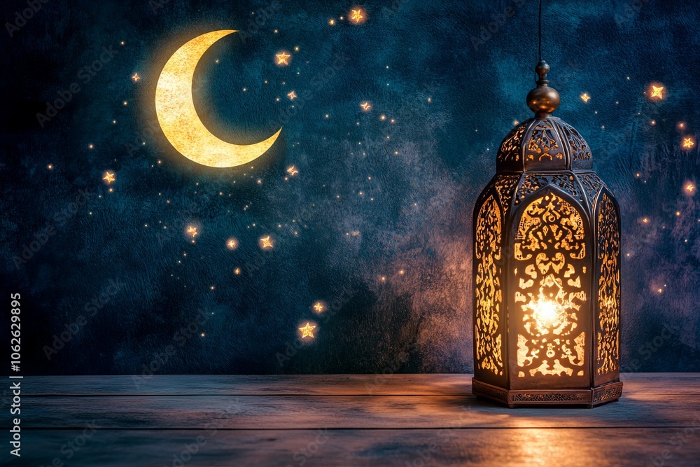 Ornate Lantern Glowing with Warm Light Against Dark Background Ornate Lantern Glowing with Warm Light Against Dark Background