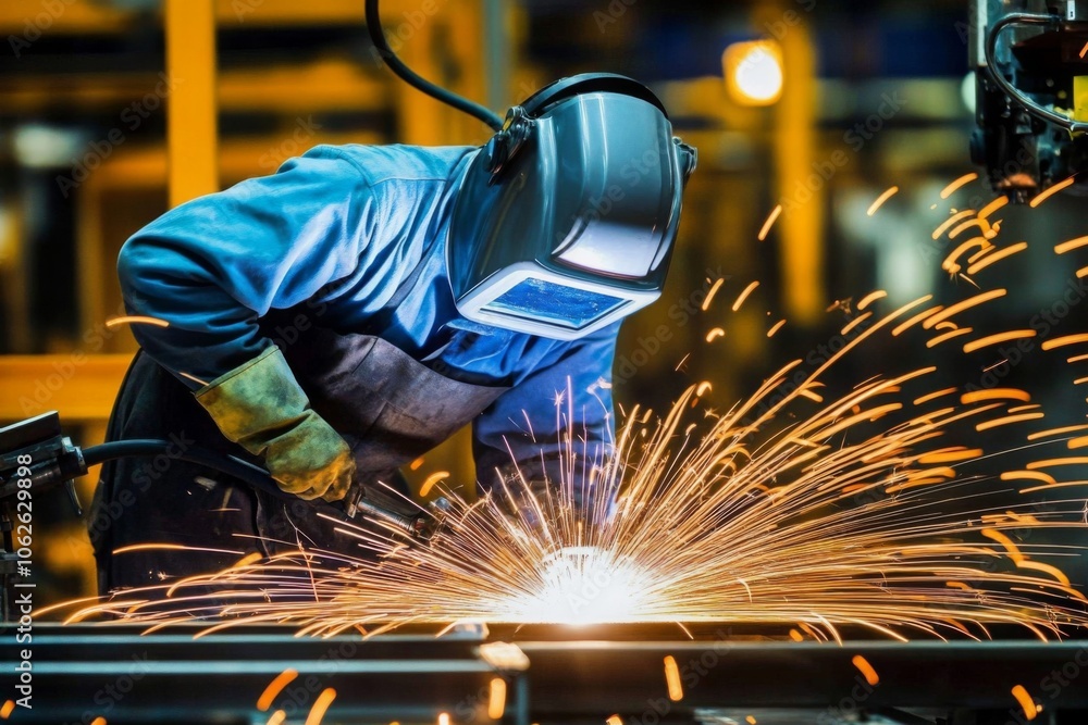 Welder Creating Sparks in Industrial Environment Welder Creating Sparks in Industrial Environment