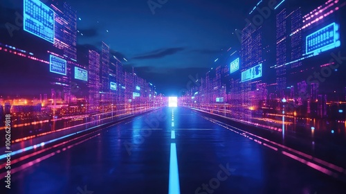 An empty road with illuminated signs, each representing a business strategy, leading to a bright focus point.