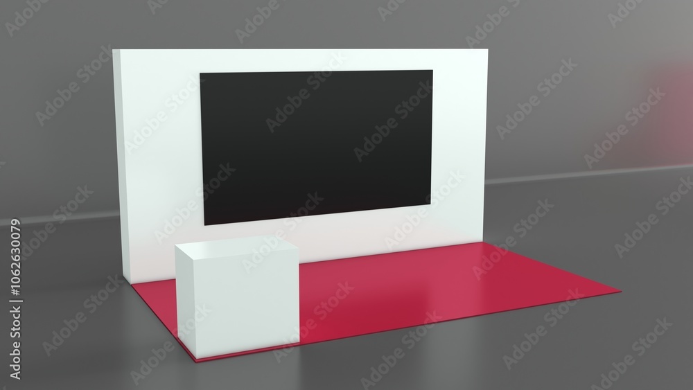 Blank white trade exhibition booth system stand. Trade show booth white and blank. Blank indoor exhibition with work paths