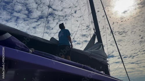 Silhouette of a sailor raising mainsail of a sailing vessel.A mainsail is a sail rigged on the main mast of a sailing vessel.