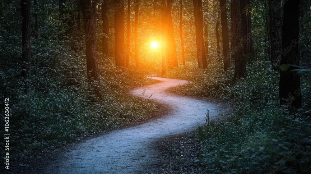 Image of a path winding through a forest, with a single bright light illuminating the end goal. Image of a path winding through a forest, with a single bright light illuminating the end goal.