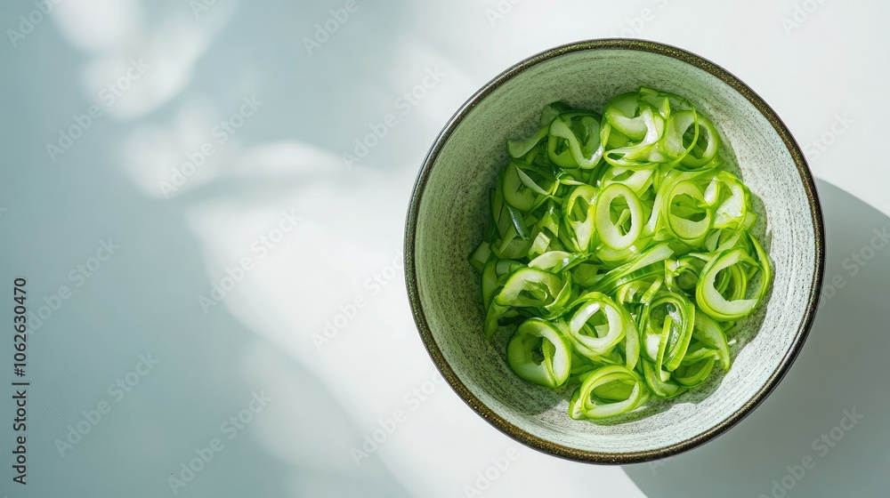 Obraz premium Top view of sliced green onions in a bowl, vivid color contrast on white