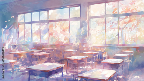 日本の学校教室｜桜が咲く春の光に包まれた静かな教室風景