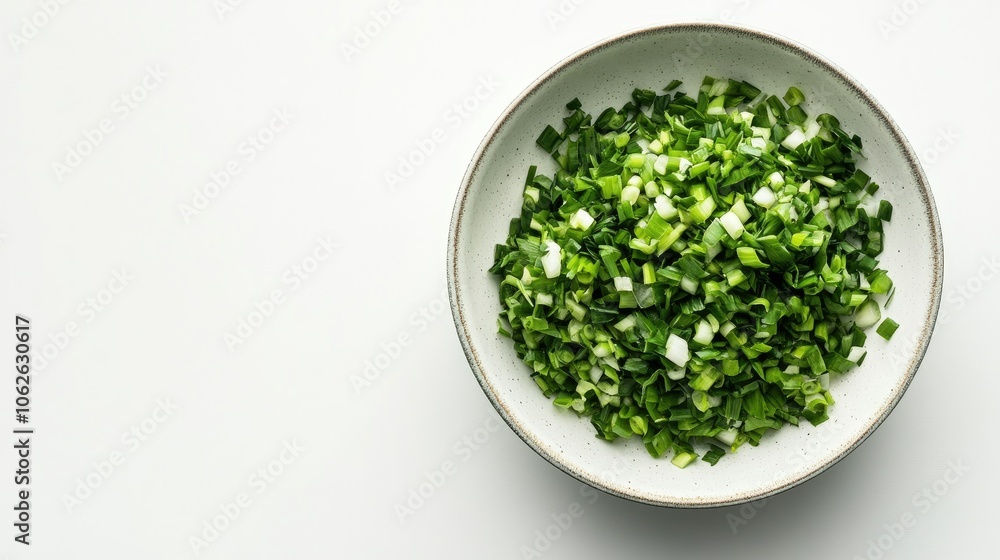 Top-down view of chopped green onions in bowl, isolated on white Top-down view of chopped green onions in bowl, isolated on white