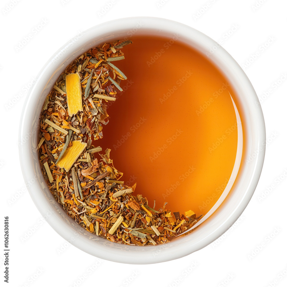 Aerial view of herbal tea with dried herbs in a white cup, isolated on a white background. transparent background