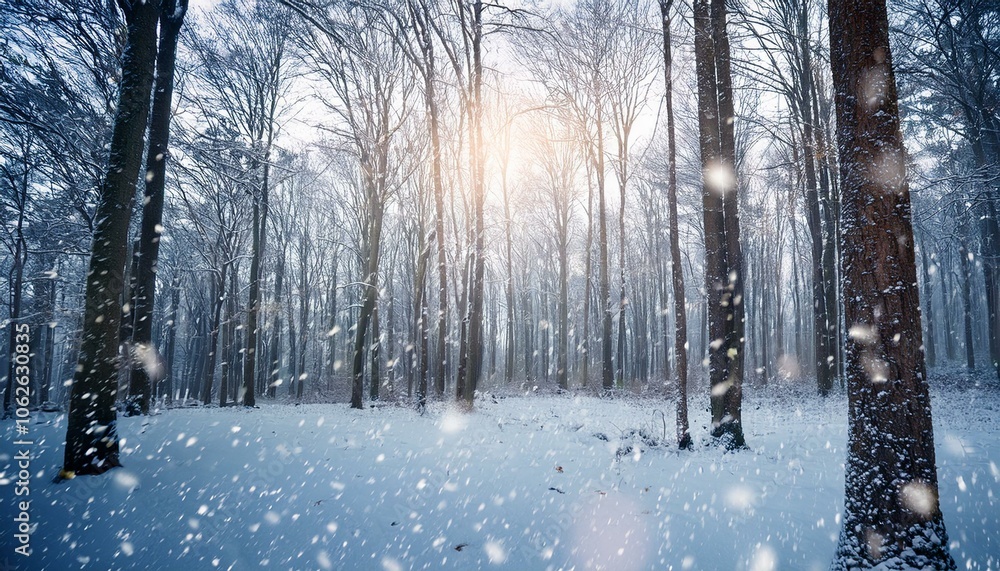 Naklejka premium Snowy Forest Scene with Falling Snow
