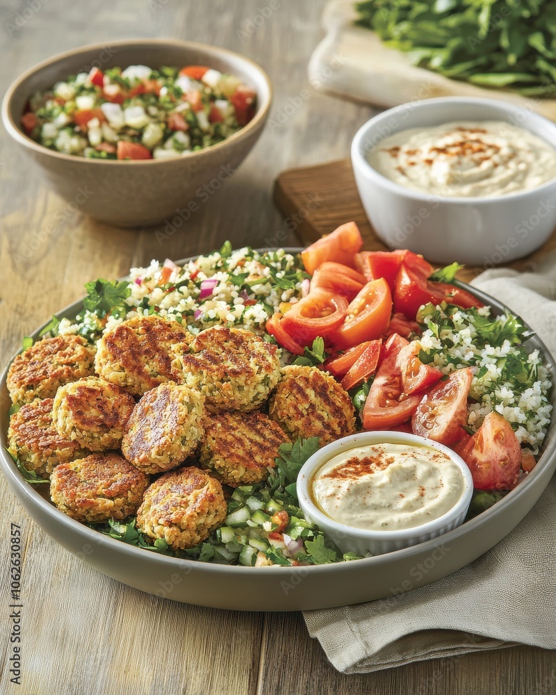 A vibrant platter of falafel and fresh vegetables. A vibrant platter of falafel and fresh vegetables.