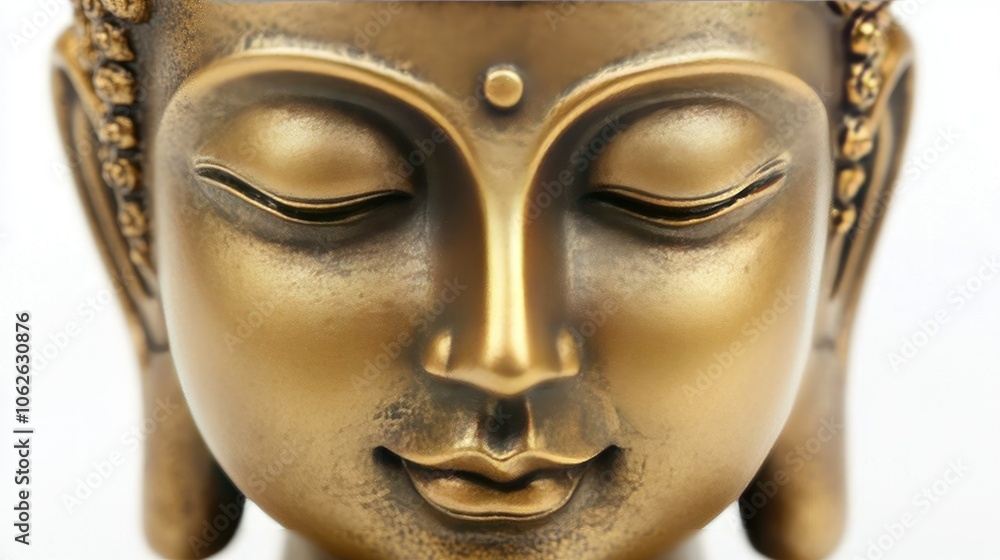 Traditional Buddha statue, gold figurine, isolated on white, close-up on serene face Traditional Buddha statue, gold figurine, isolated on white, close-up on serene face