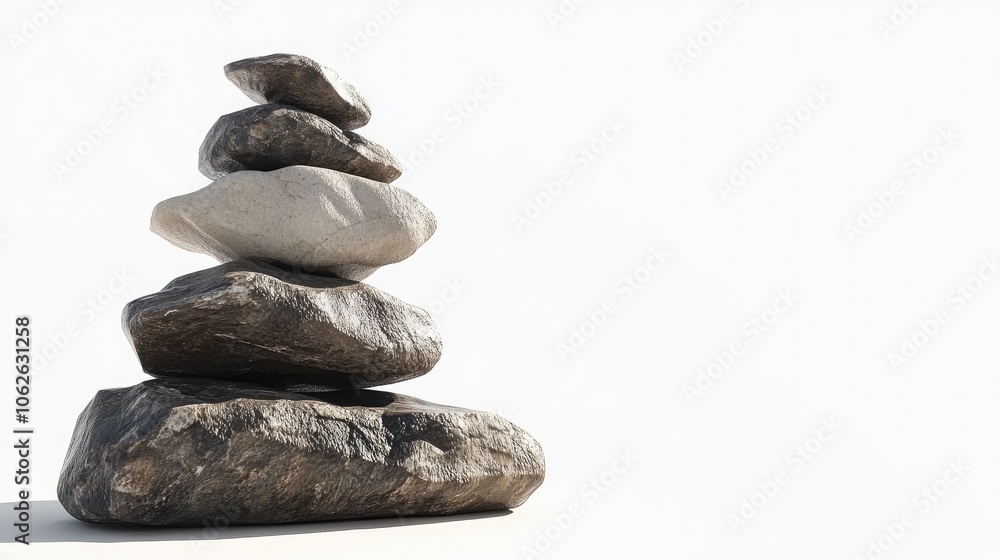 Tranquil stone stack, isolated, white background, smooth stones in calm balance for wellness design
