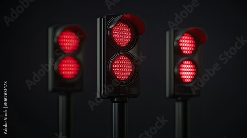 Trio of traffic lights with distinct signals, representing caution and action.
