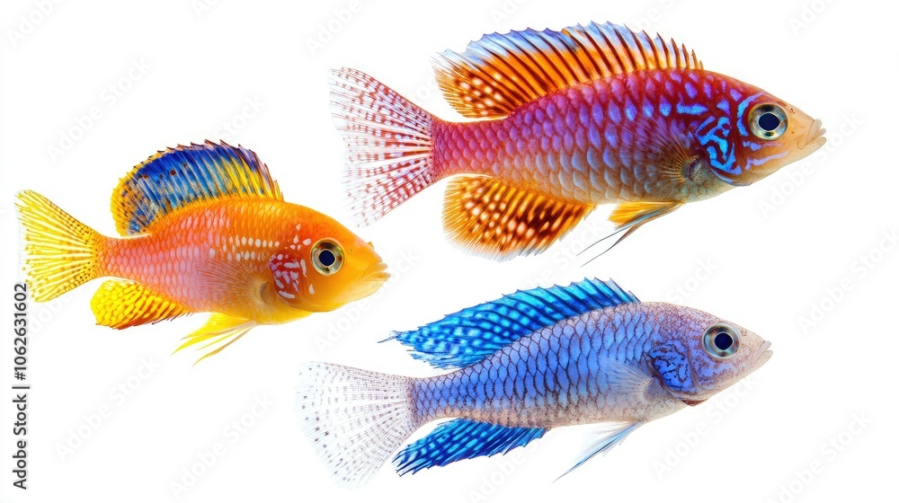 Unique and colorful tropical fish species, isolated on white for aquarium design concepts Unique and colorful tropical fish species, isolated on white for aquarium design concepts