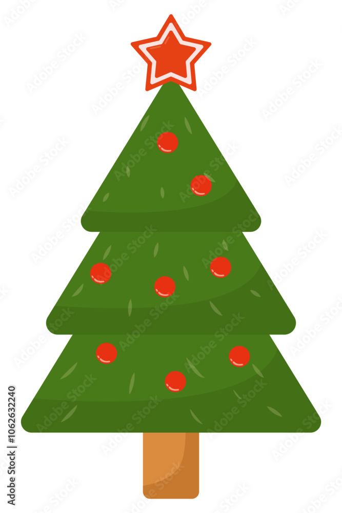 Flat icon of Xmas tree decorated with festive baubles and star isolated on white background. Flat icon of Xmas tree decorated with festive baubles and star isolated on white background.