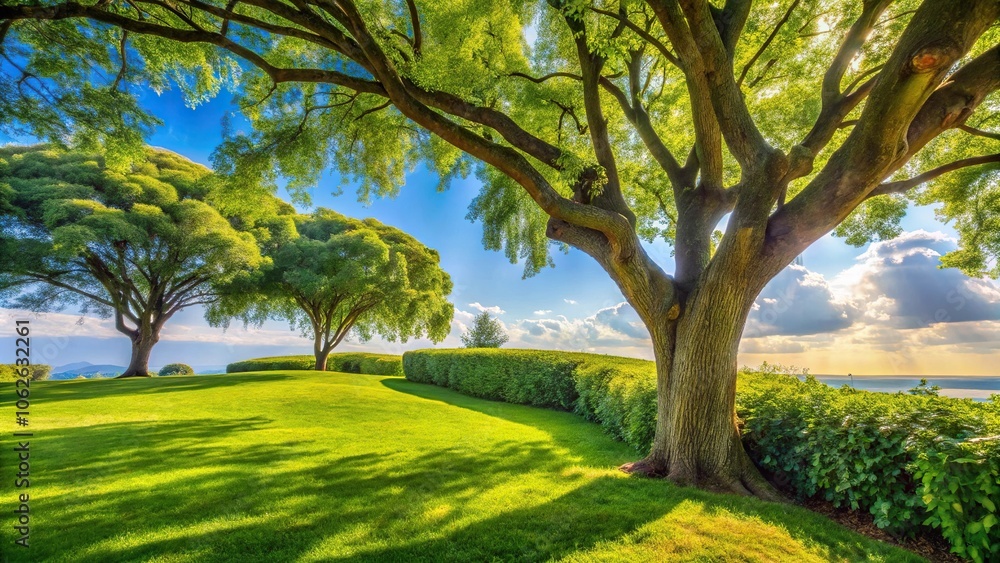 Fototapeta premium Wide-angle perspective of trees and bushes