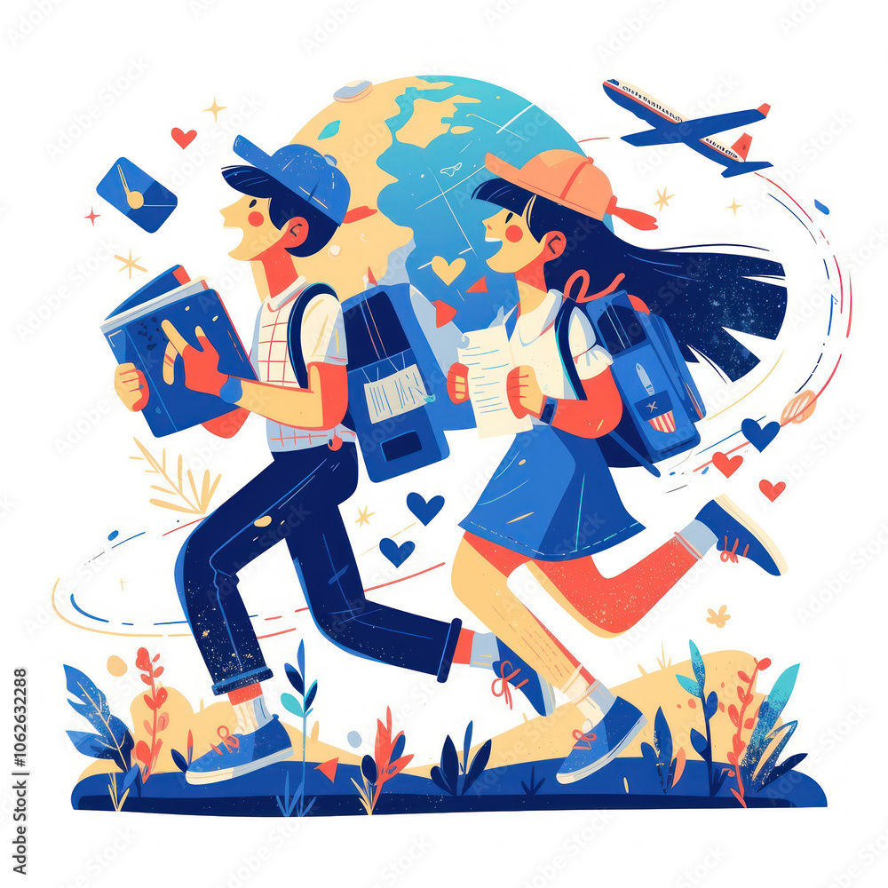 Obraz premium Illustration of Students Running with Backpacks and Books - World Map Illustration