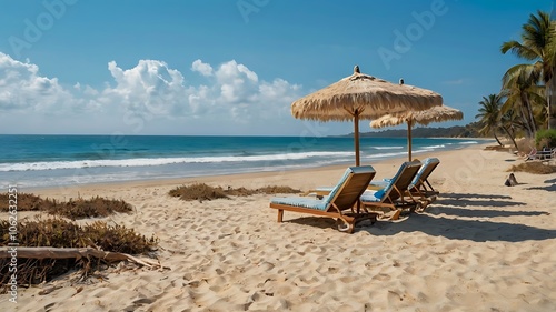 Beach with Clear Blue Sky and Calm Waters