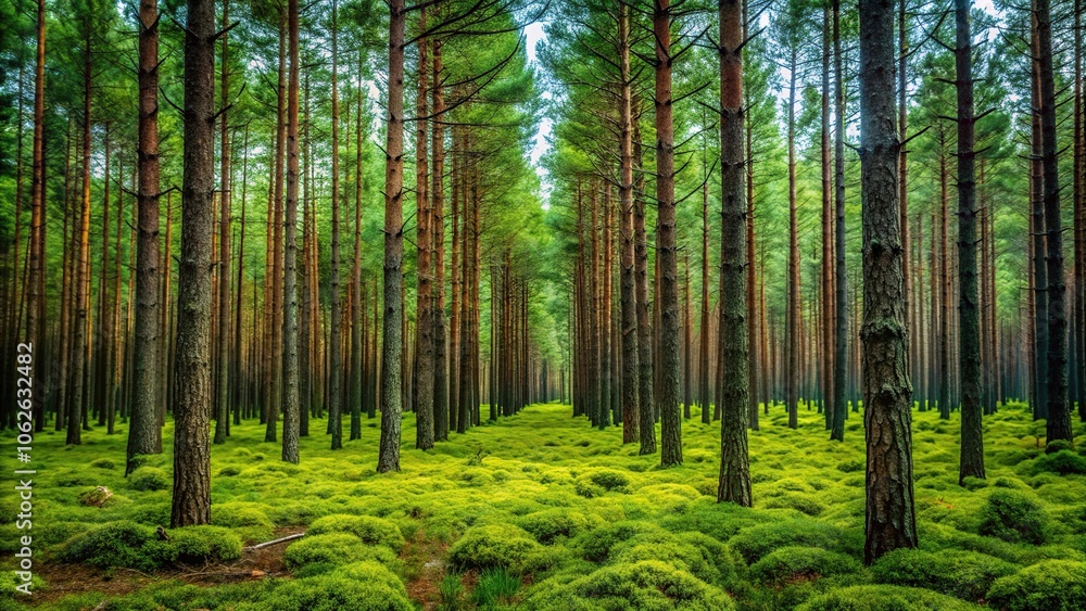 A group of pine trees forming a dense thicket in the forest floor, trees, landscape, outdoors A group of pine trees forming a dense thicket in the forest floor, trees, landscape, outdoors