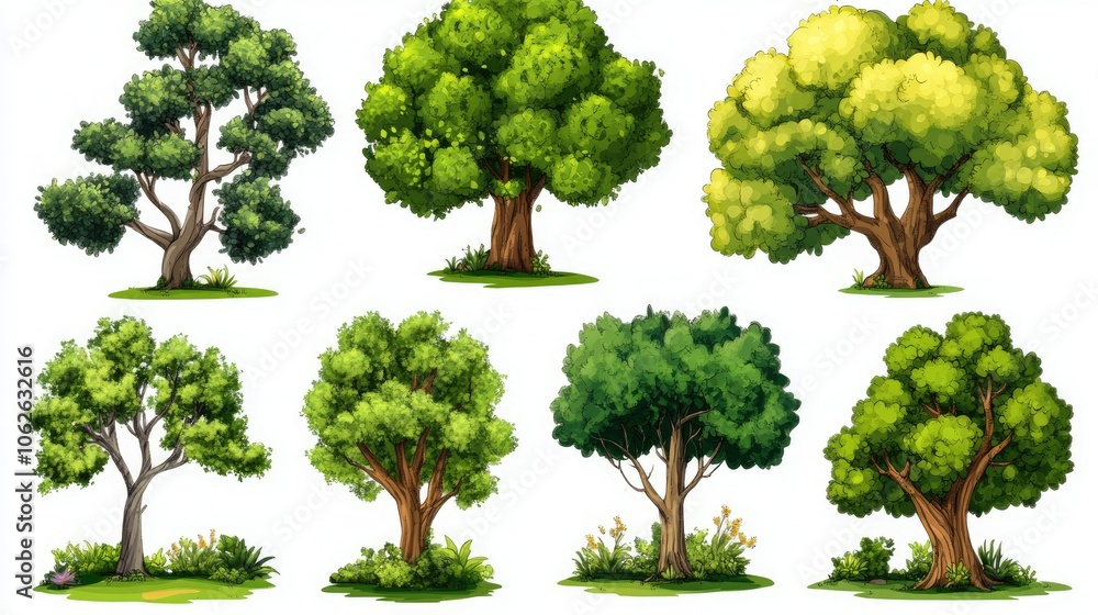 Fototapeta premium Variety of simple yet charming cartoon trees with green canopies, isolated on white ideal for games