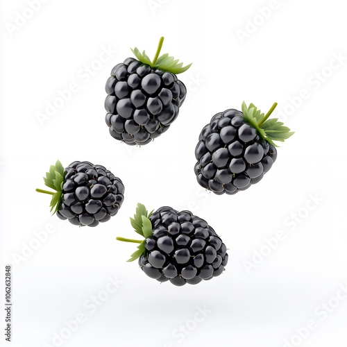 Four ripe blackberries with green leaves floating in mid-air, isolated on white background.