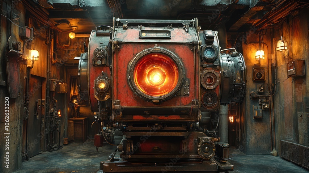 A large, industrial machine with a glowing core in a dimly lit room. A large, industrial machine with a glowing core in a dimly lit room.
