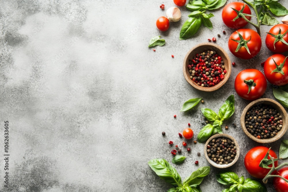 Fresh Ingredients on Rustic Table with Tomatoes and Herbs Fresh Ingredients on Rustic Table with Tomatoes and Herbs