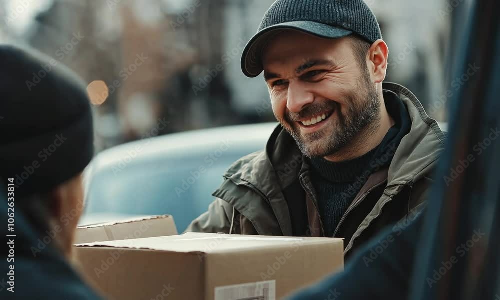 Smiling Delivery Man Handing Over Package in Urban Setting Smiling Delivery Man Handing Over Package in Urban Setting
