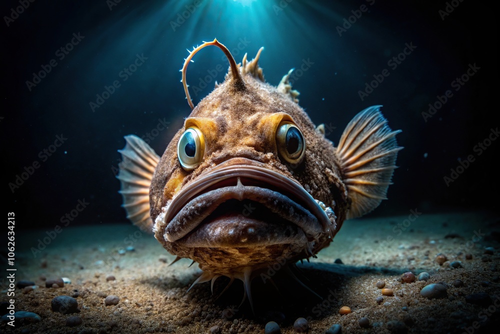 Wide-angle photo of enigmatic anglerfish in dark ocean depths Wide-angle photo of enigmatic anglerfish in dark ocean depths