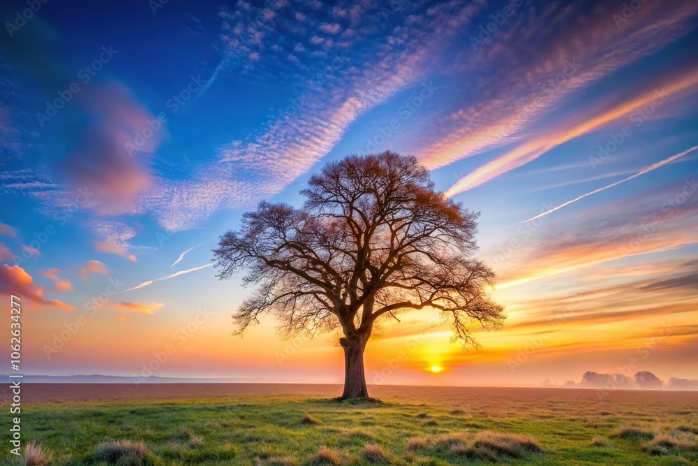 A lone tree stands tall as the warm light of sunrise creeps over its branches, sunrise, dawn A lone tree stands tall as the warm light of sunrise creeps over its branches, sunrise, dawn