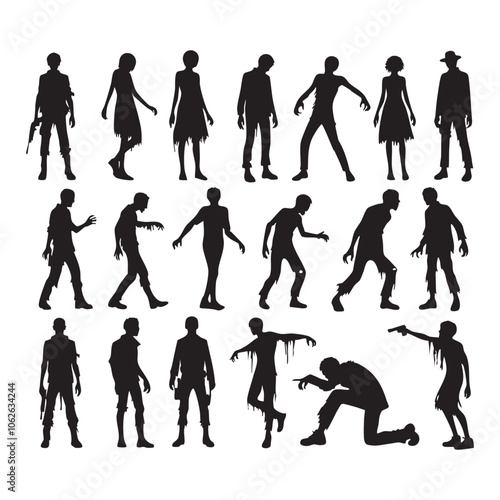Silhouette set of zombie on white background