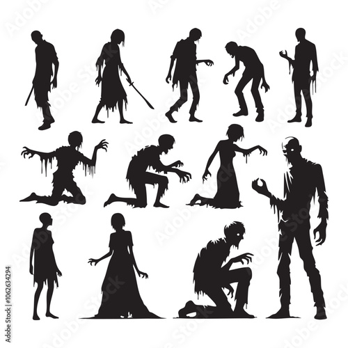 Silhouette set of zombie on white background