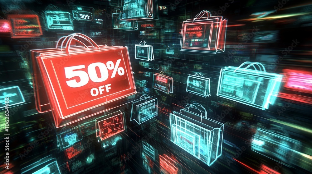 Neon 50 percent off sale shopping bags in a digital grid, featuring glowing red and blue outlines, representing Black Friday and cyber sale discounts. Neon 50 percent off sale shopping bags in a digital grid, featuring glowing red and blue outlines, representing Black Friday and cyber sale discounts.