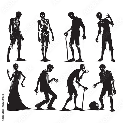 Silhouette set of zombie on white background